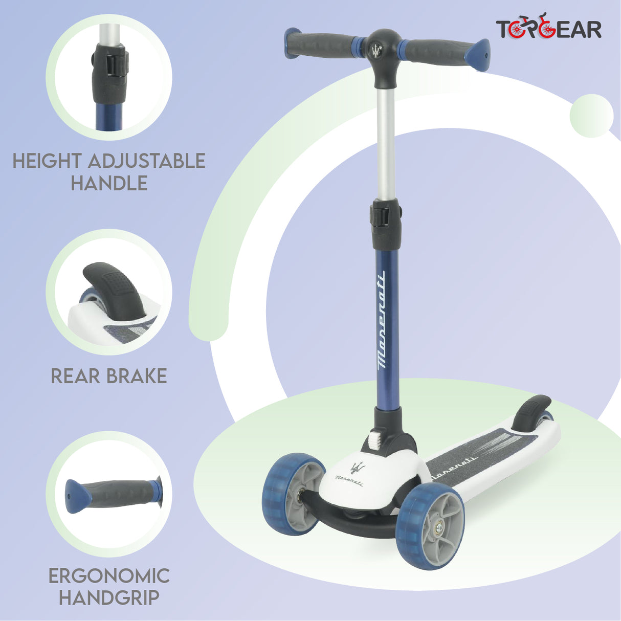 Children's scooter with height adjustable handle, rear brake, and ergonomic grip on a light blue background.