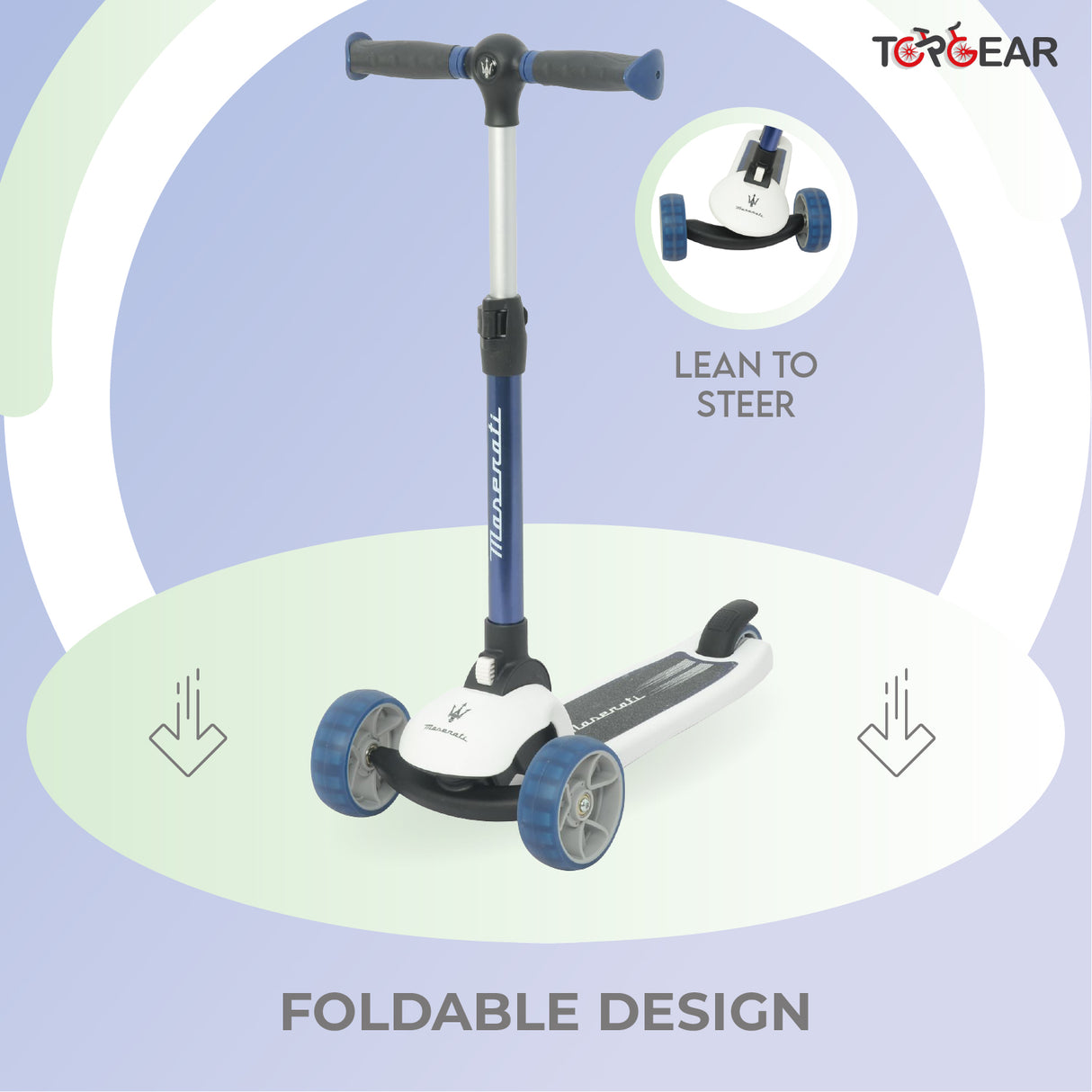 Foldable scooter with handlebar and wheels on a light blue background
