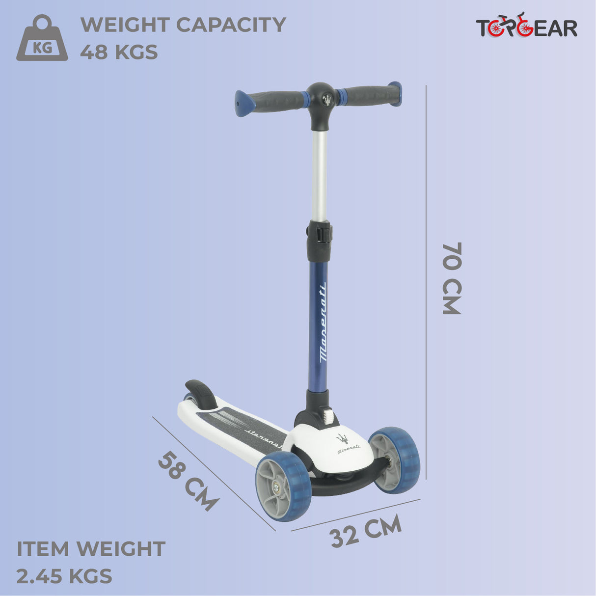Children's scooter with measurement details on a light purple background