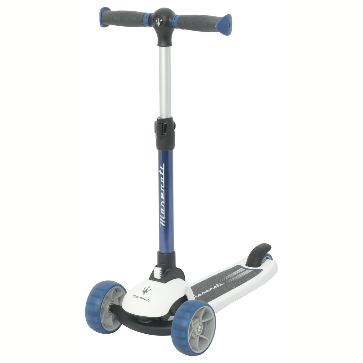 Children's scooter with blue handlebar and wheels on a white background