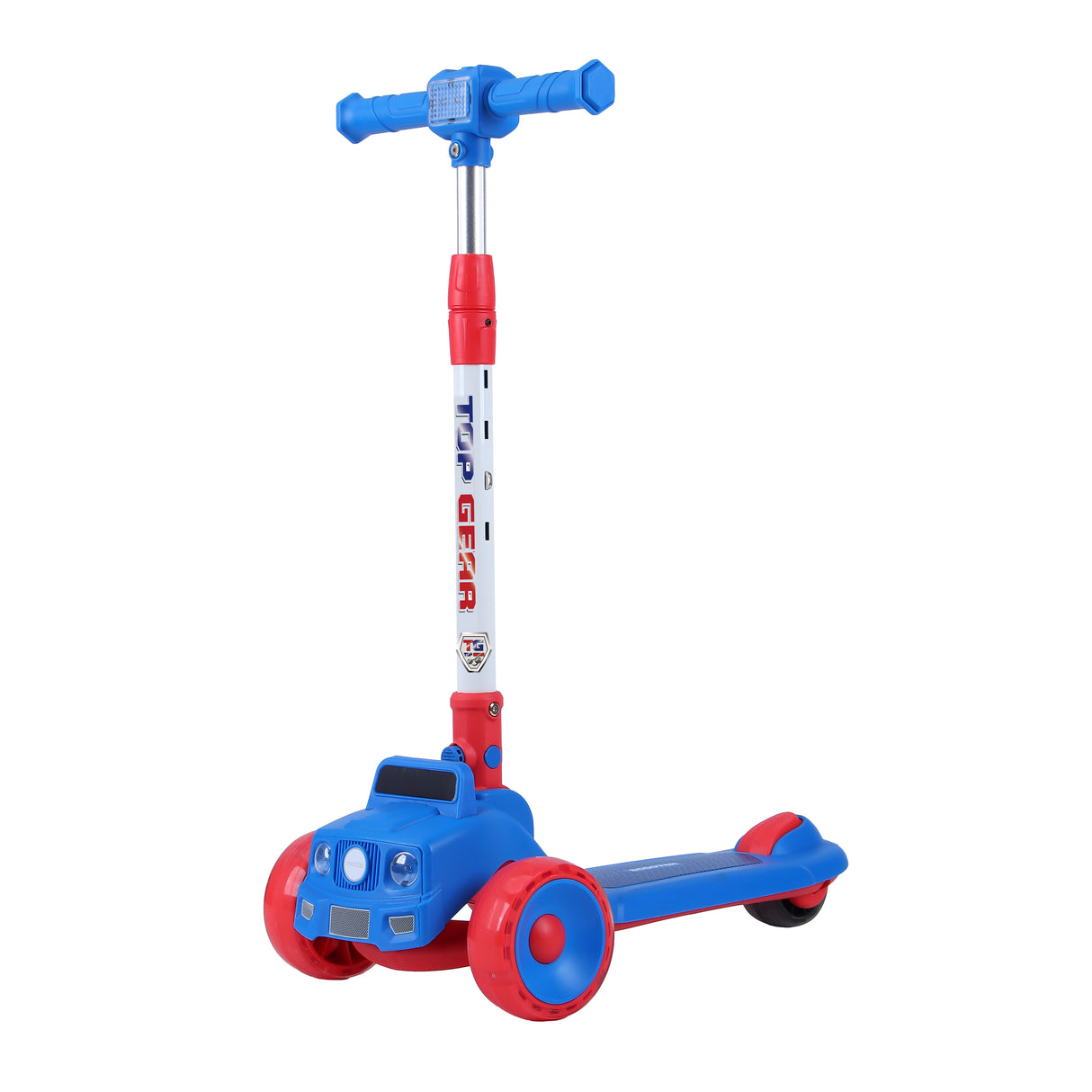 Children's scooter with blue and red design on a white background