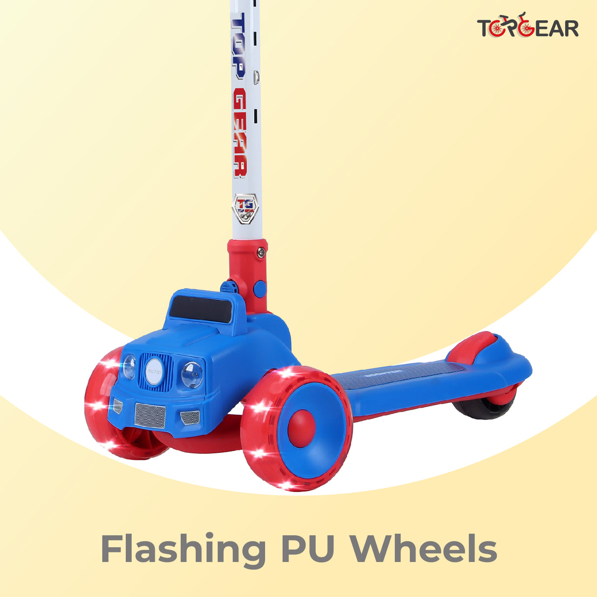 Children's scooter with flashing PU wheels on a yellow background, featuring the Top Gear brand.