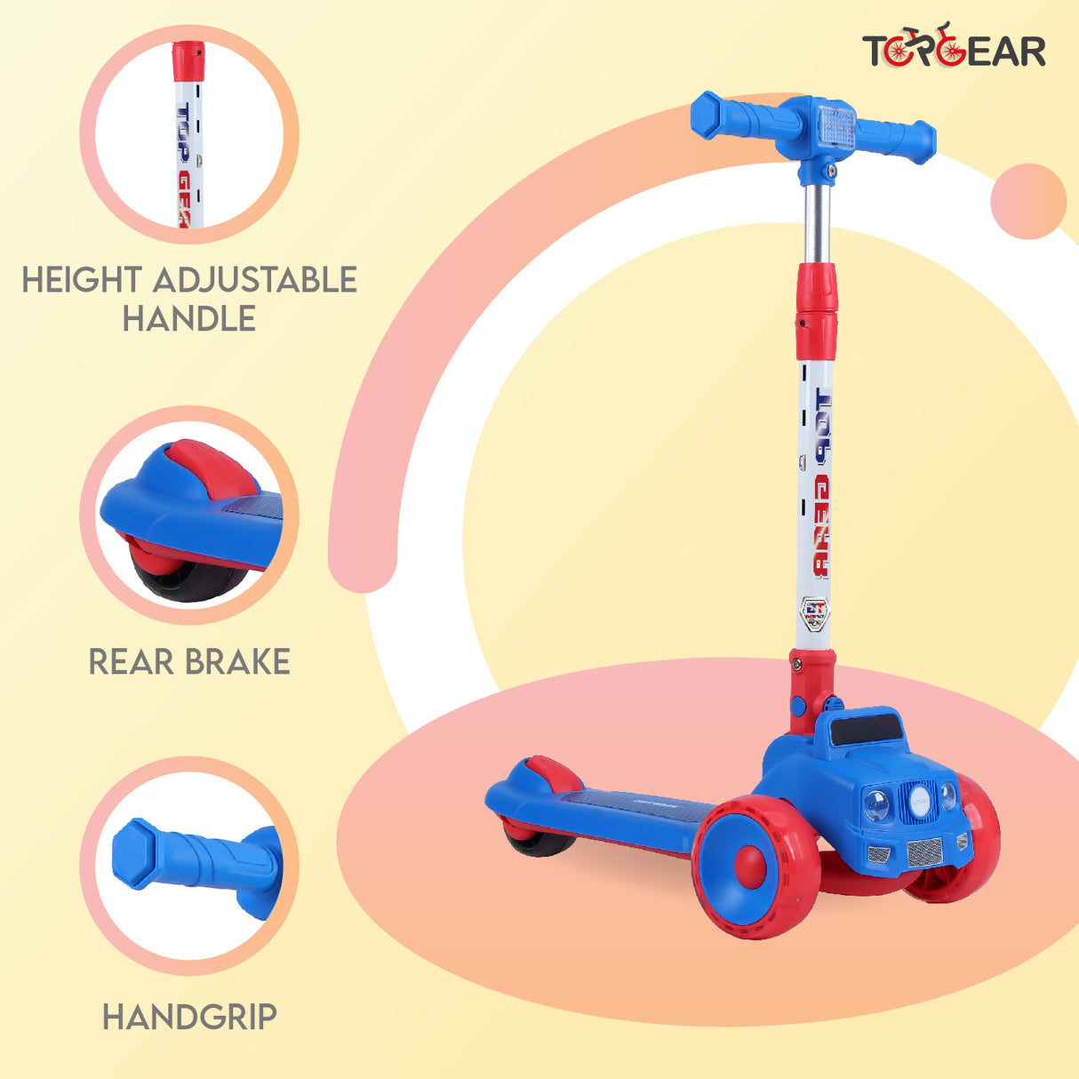 Children's scooter with height adjustable handle, rear brake, and handgrip on a colorful background.