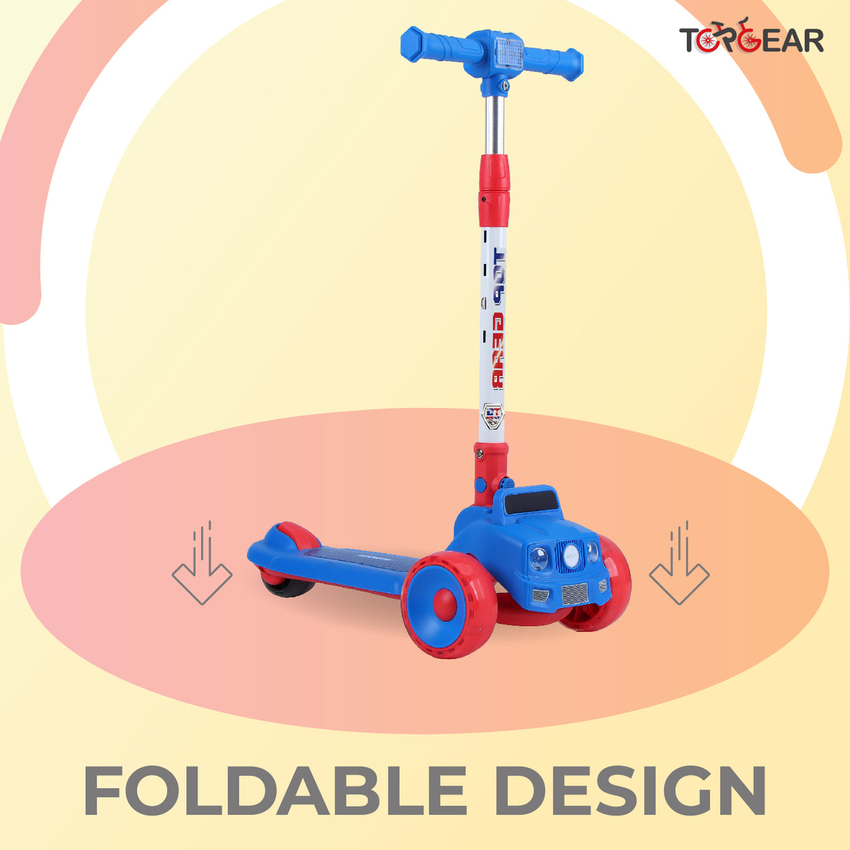 Foldable scooter toy with blue and red design on a colorful background