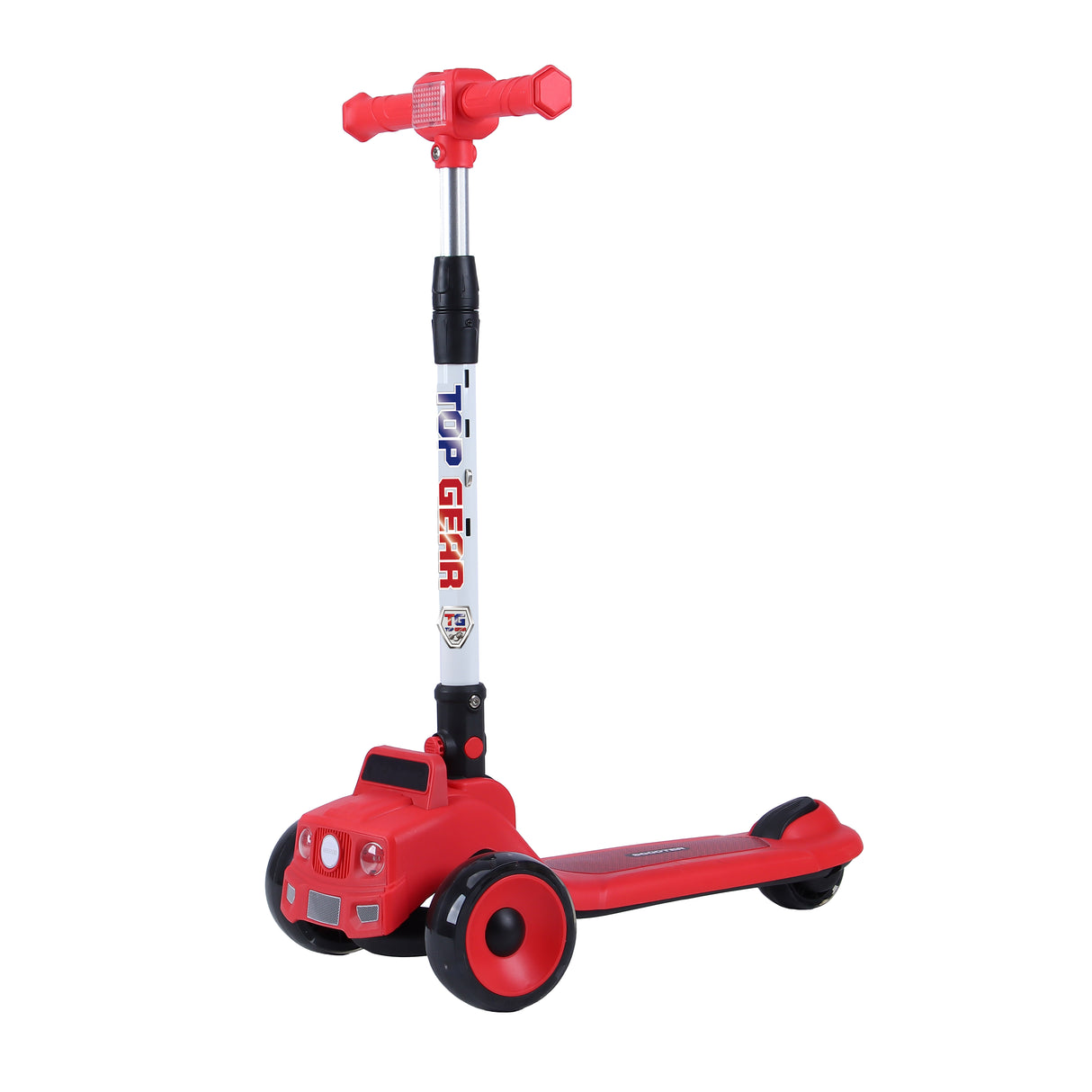 Red scooter with a white handlebar on a white background