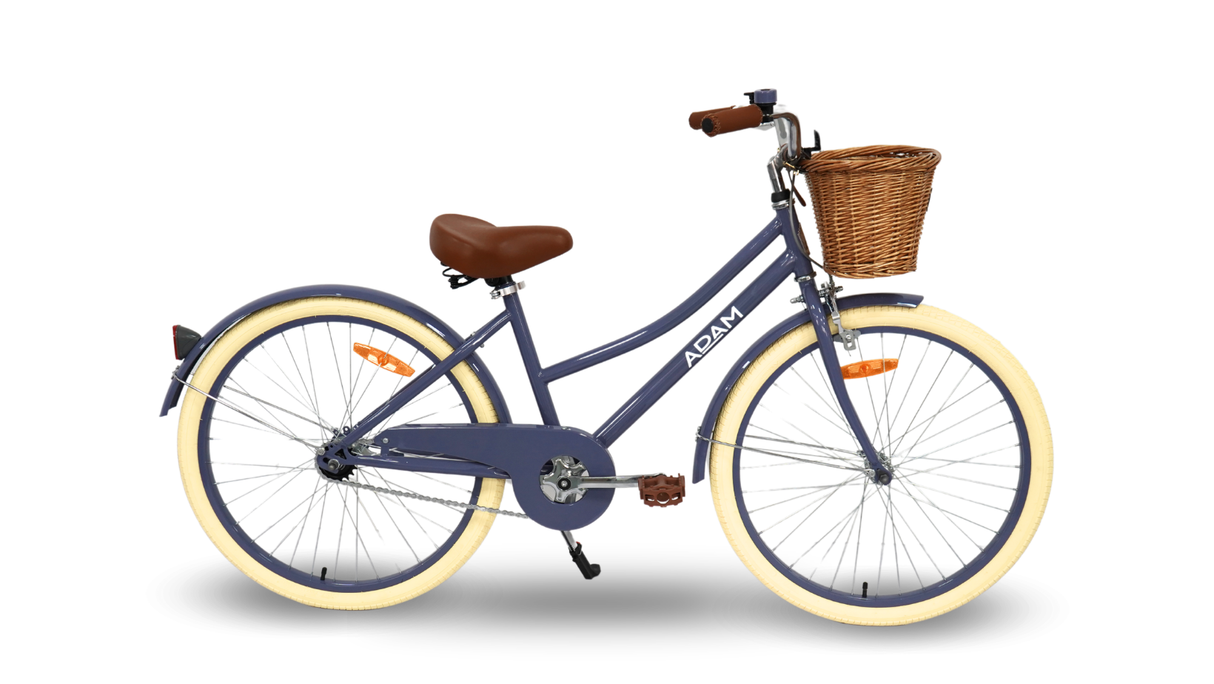 Navy blue bicycle with a brown basket on a white background