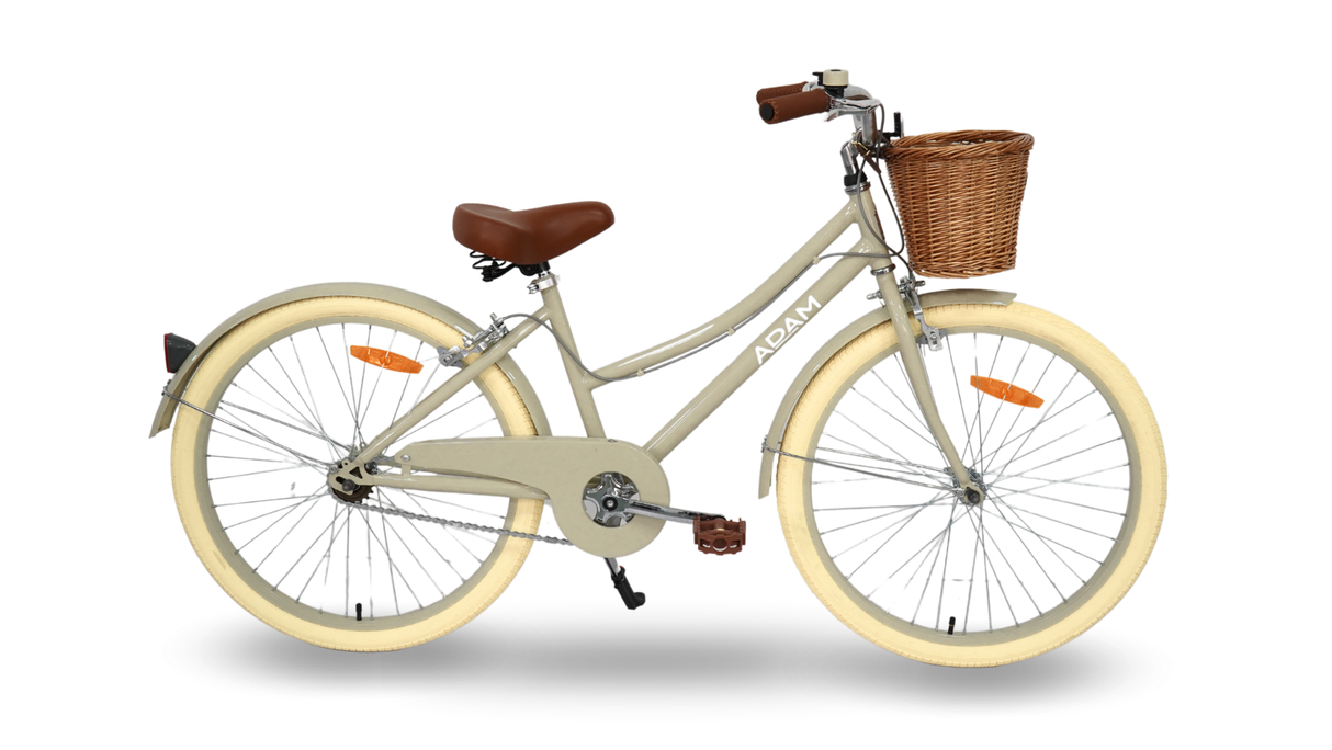 Beige bicycle with a brown basket on a white background