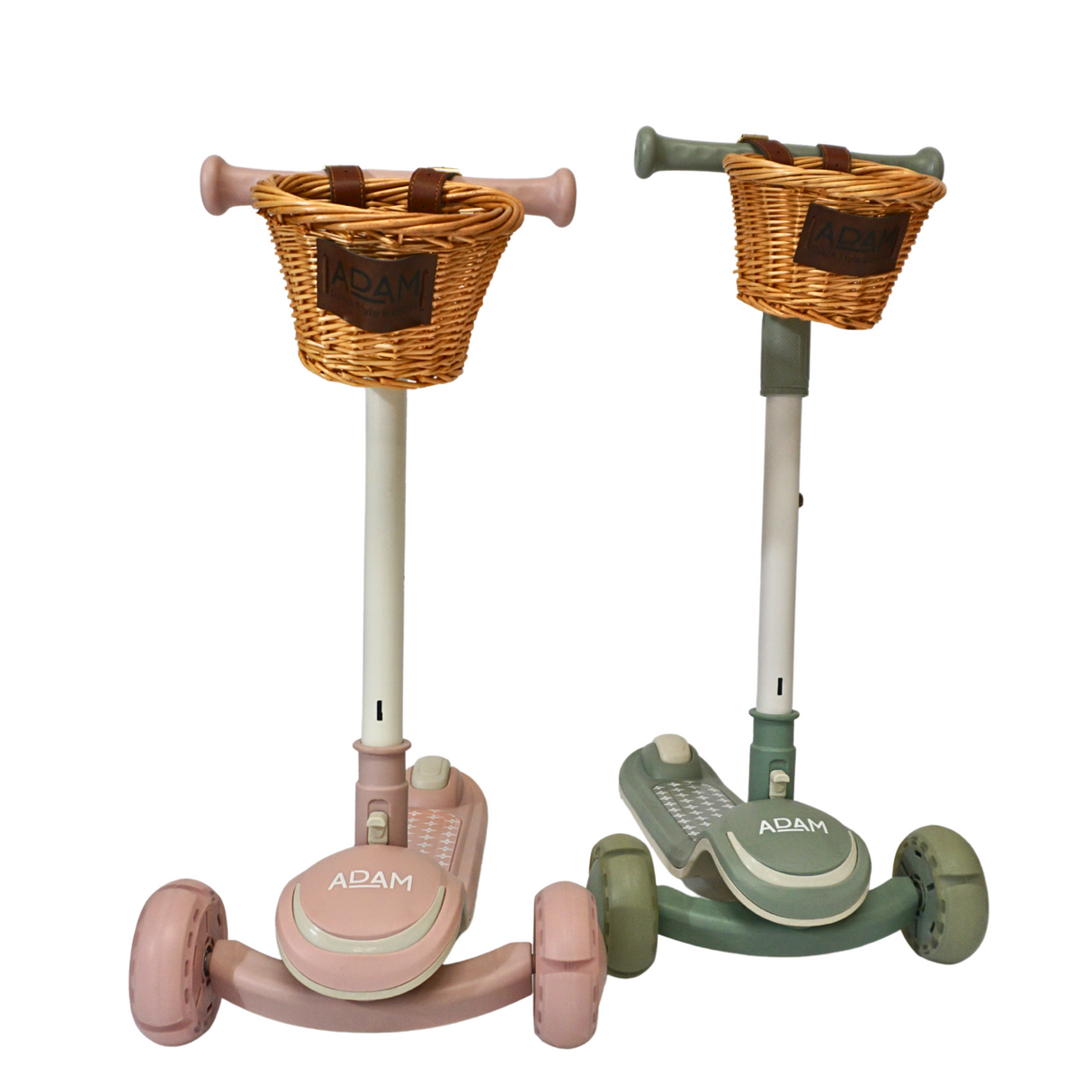 Two children's scooters with baskets on a white background