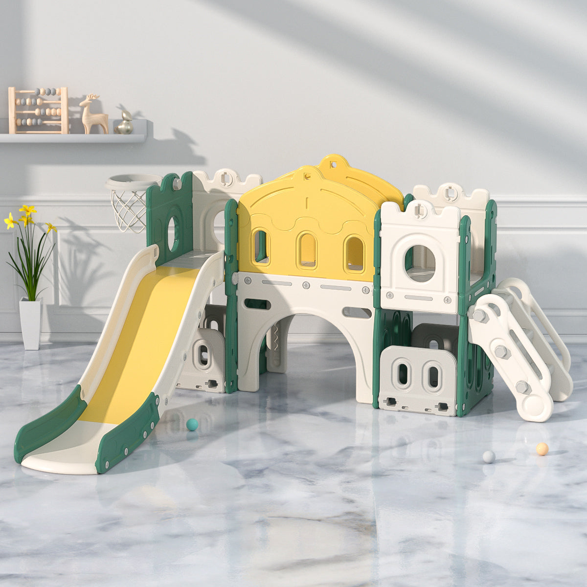 Children's playset with slides and climbing structures on a marble floor.