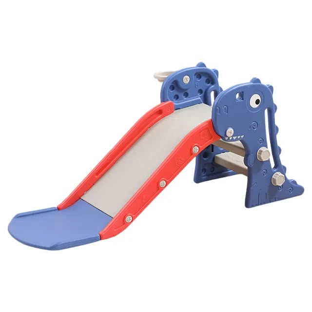 Children's slide with blue and red dinosaur design on a white background