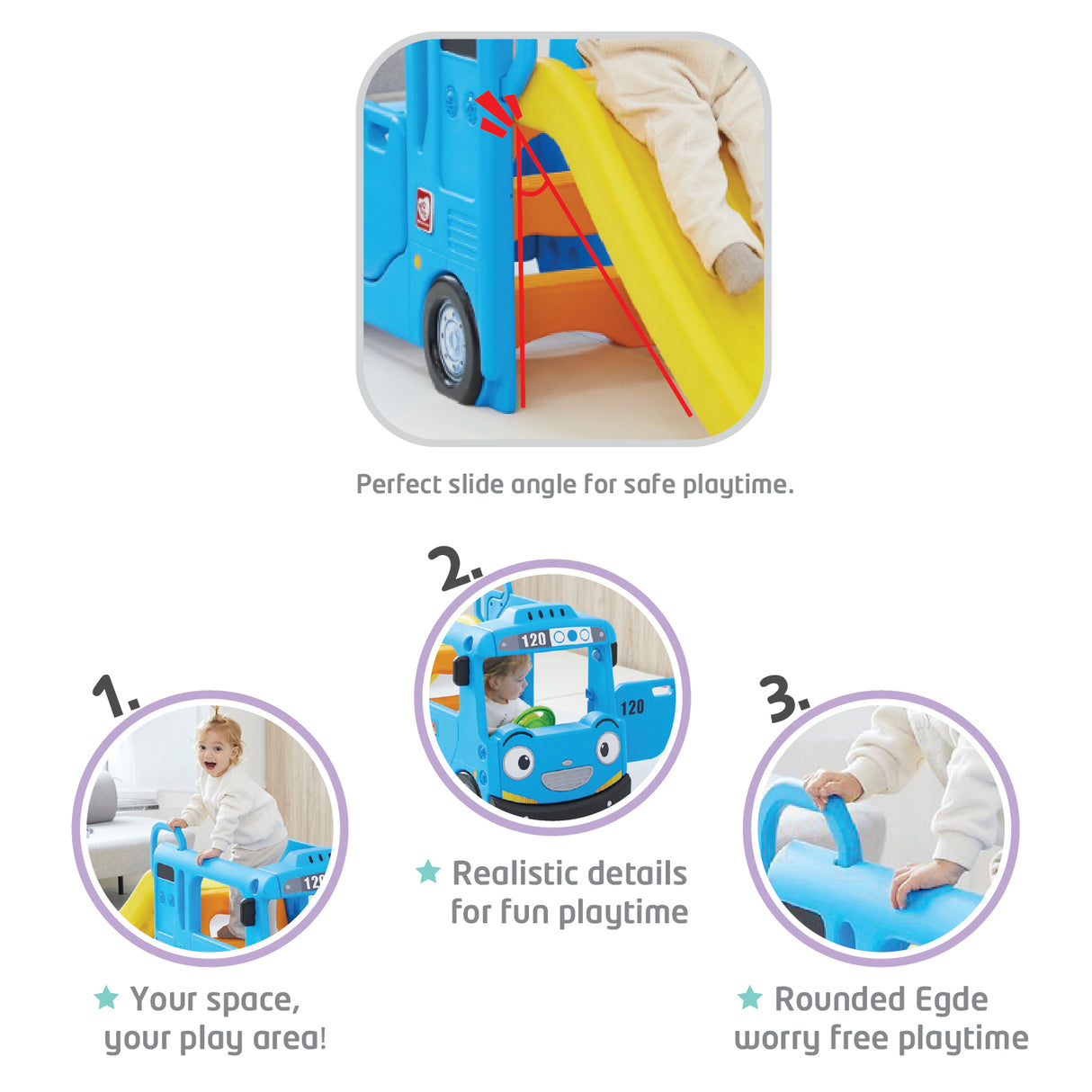 Children's play area with slide and toy car, featuring safety and design details.