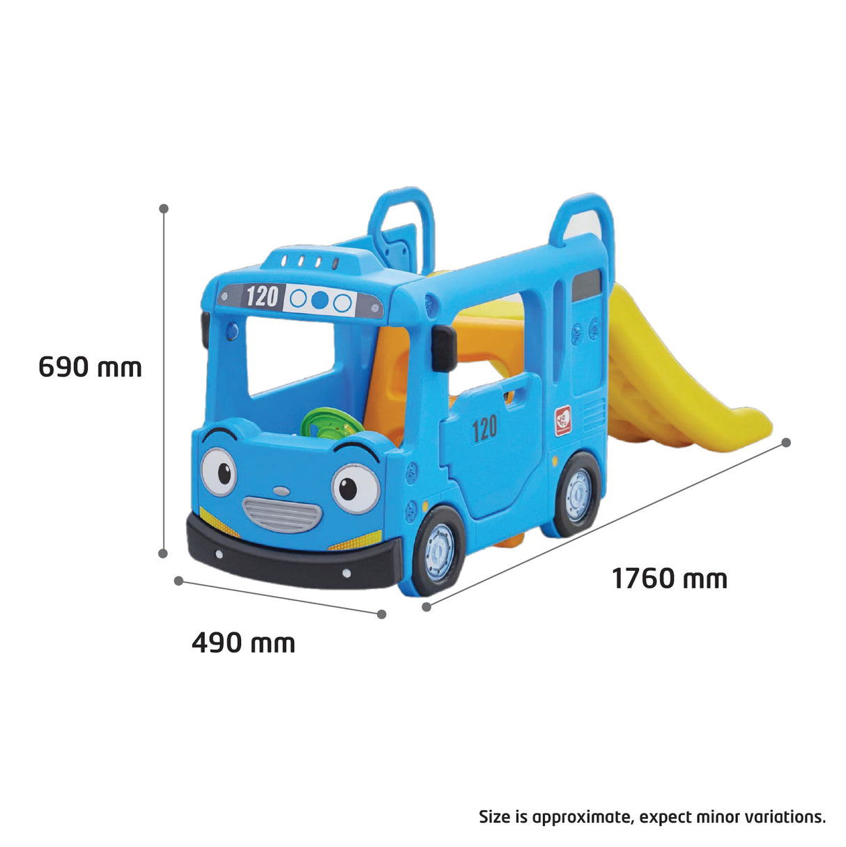 Toy bus with slide, showing dimensions on a white background