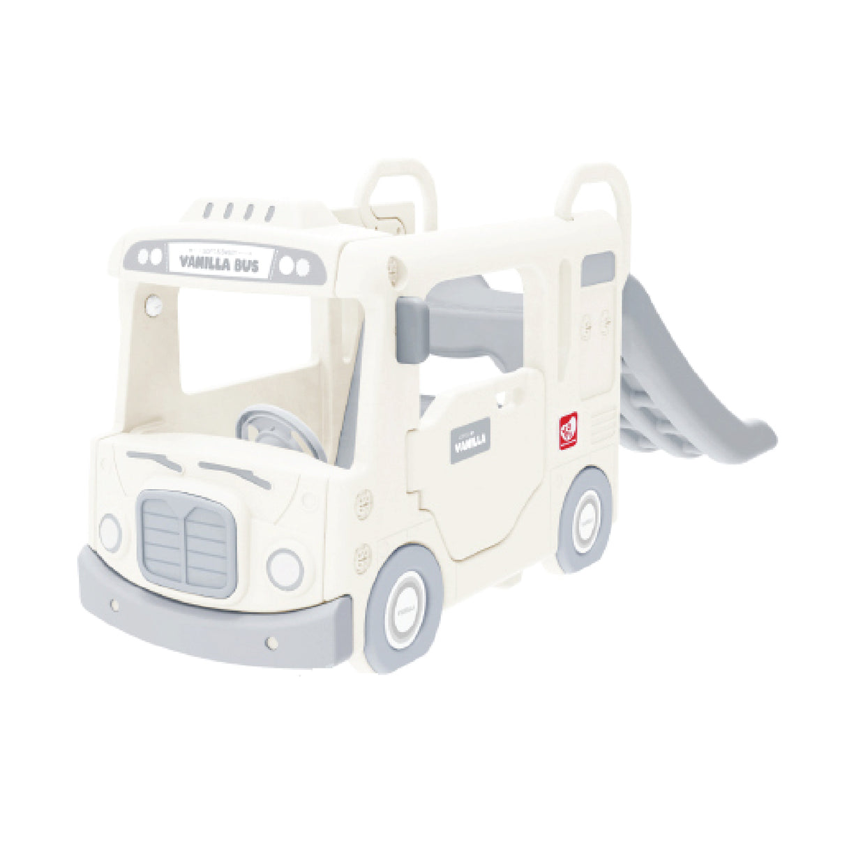 Children's toy bus with a slide on a white background