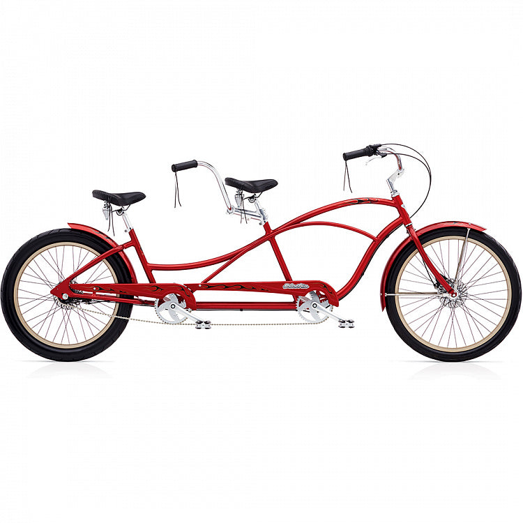 Red tandem bicycle on a white background