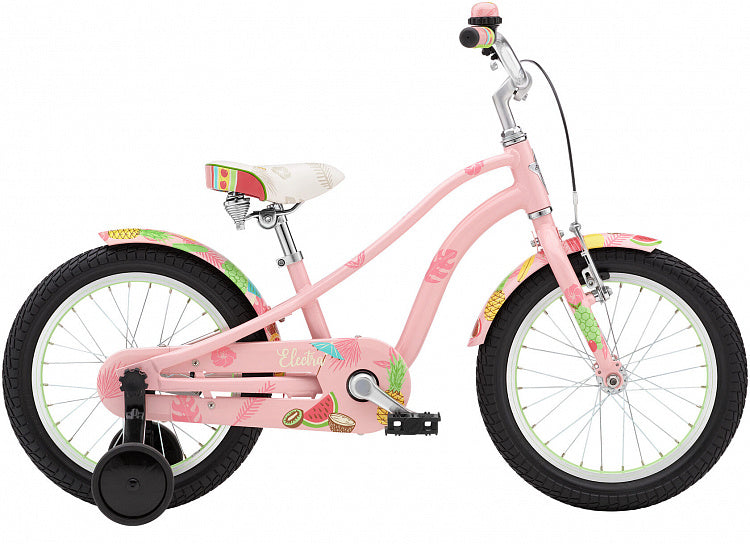 Pink children's bicycle with fruit designs on a white background