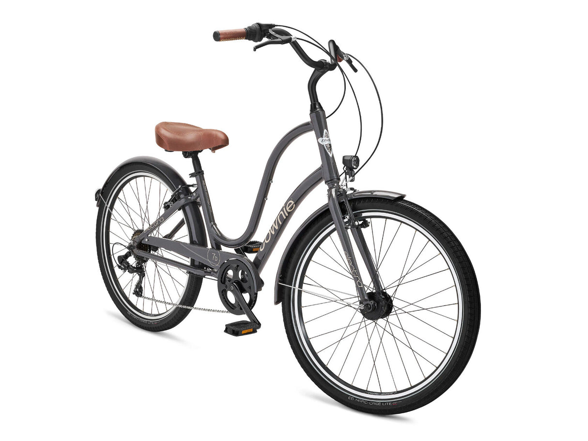 Gray bicycle with a brown seat on a white background