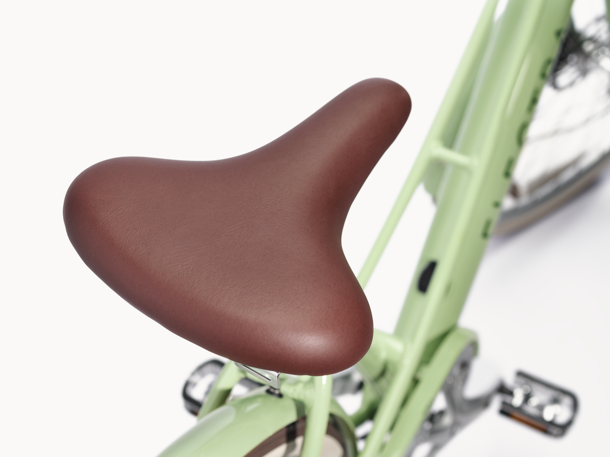 Close-up of a brown bicycle seat on a light green frame with a white background