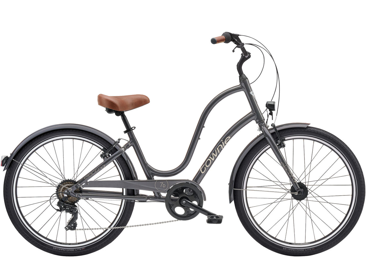 Gray bicycle with a brown seat on a white background
