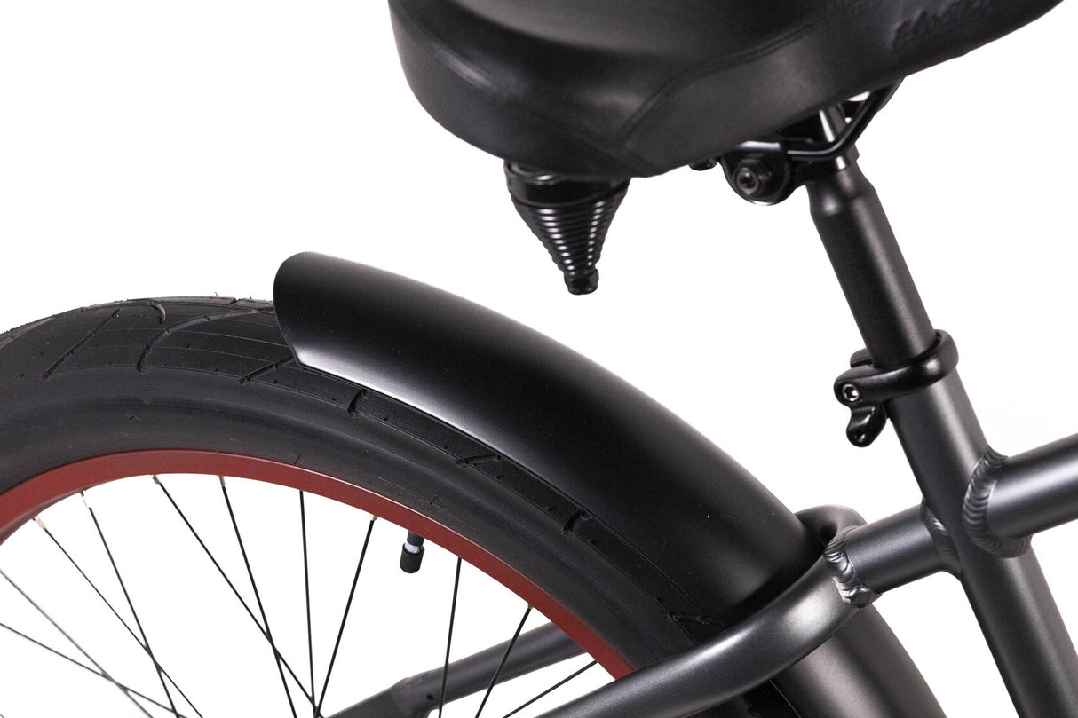 Close-up of a bicycle's rear wheel, fender, and seat on a white background