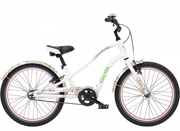 White children's bicycle with colorful accents on a white background