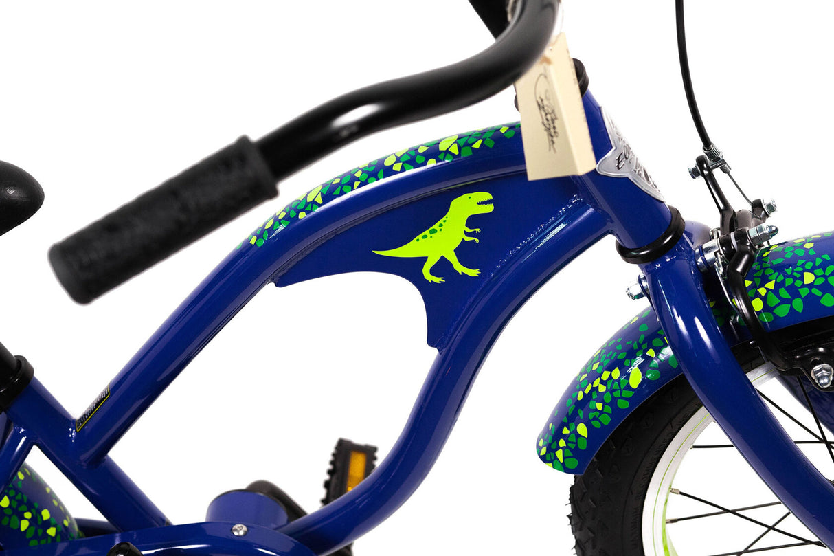 Blue children's bicycle with a green dinosaur decal on a white background
