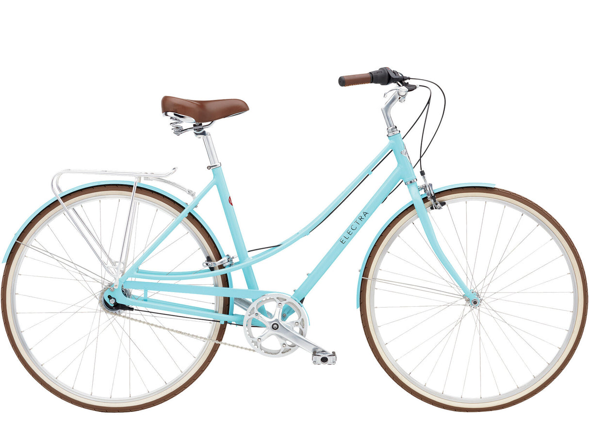 Light blue bicycle with brown wheels and seat on a white background