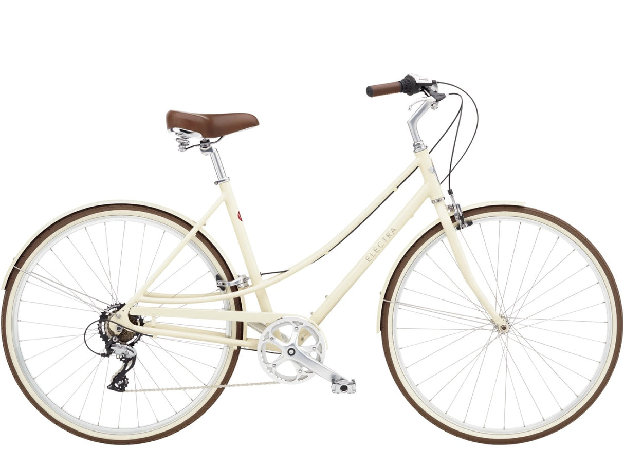 Off-white bicycle with brown wheels and seat on a white background
