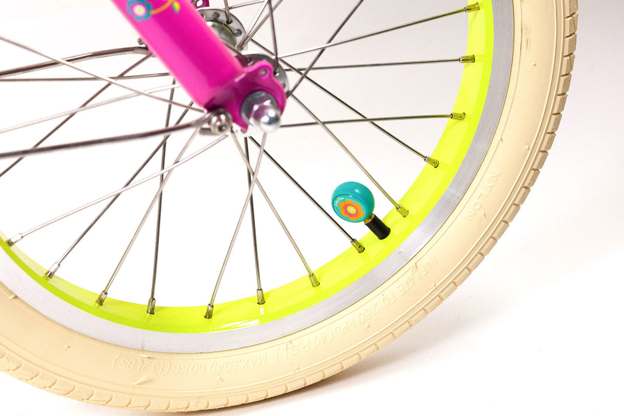 Close-up of a bicycle wheel with a pink rim and yellow rim tape on a white background