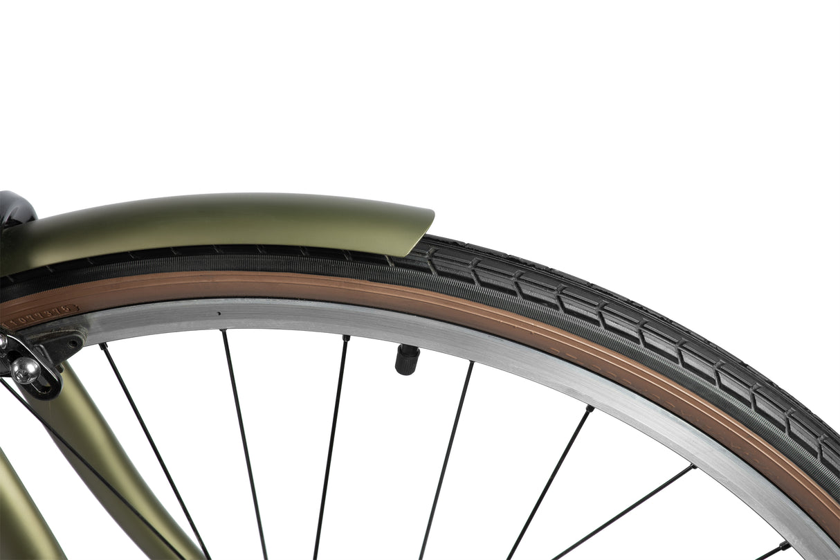 Close-up of a bicycle wheel with a fender on a white background