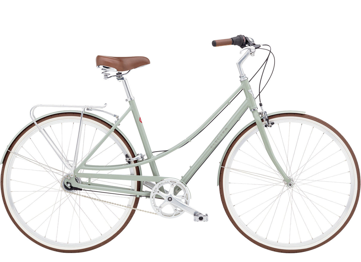 Light green bicycle with brown wheels and seat on a white background