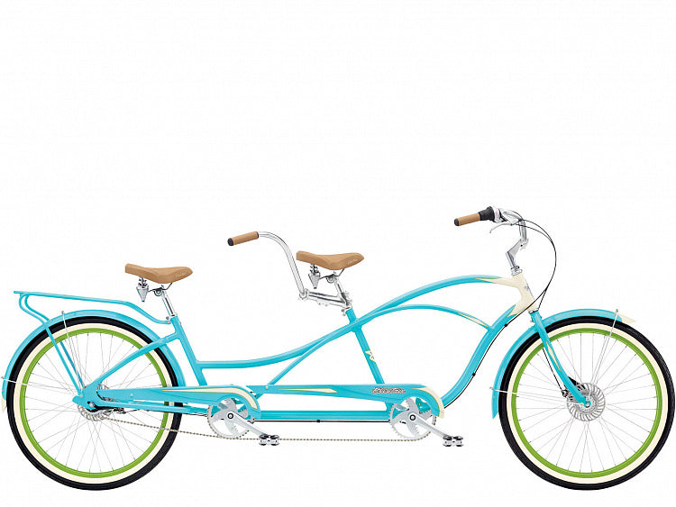 Light blue tandem bicycle with green tires on a white background