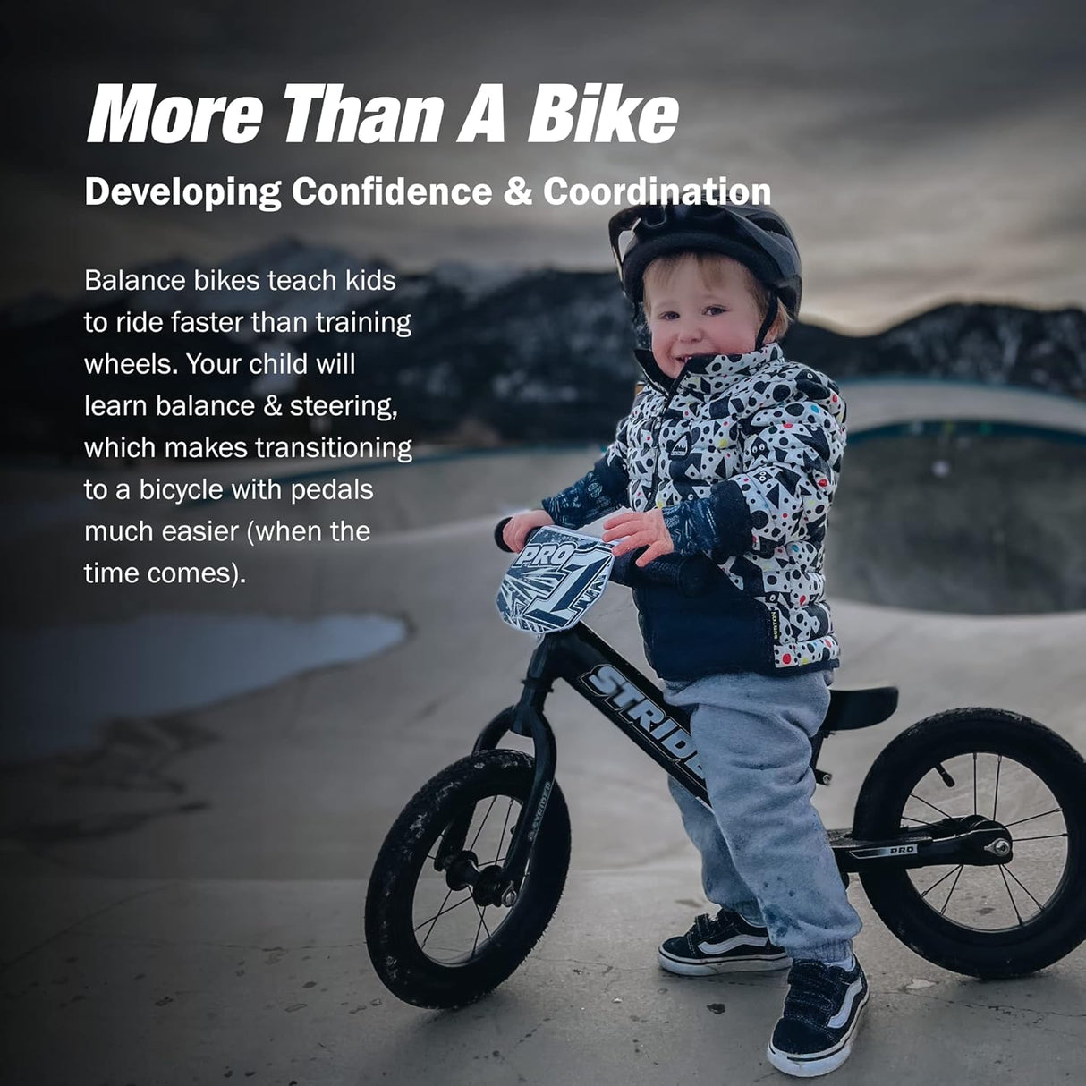 Child standing next to a balance bike with text about confidence and coordination.