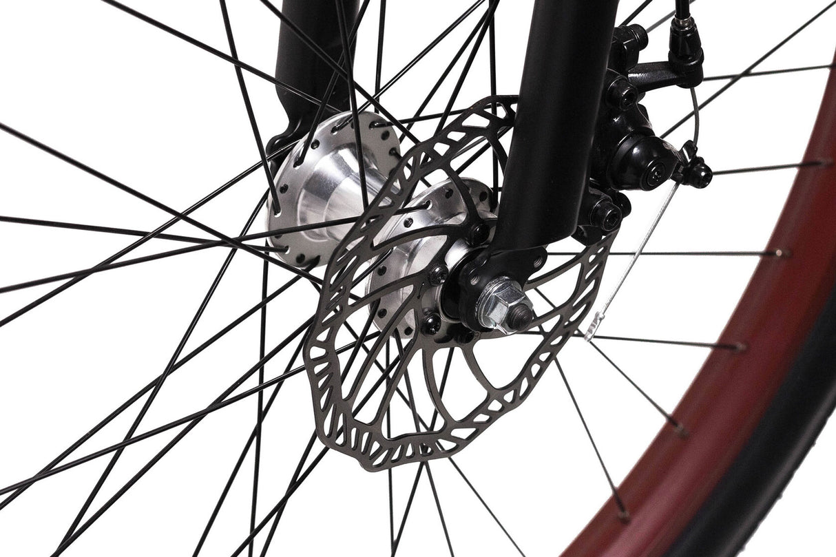 Close-up of a bicycle wheel with disc brake on a white background