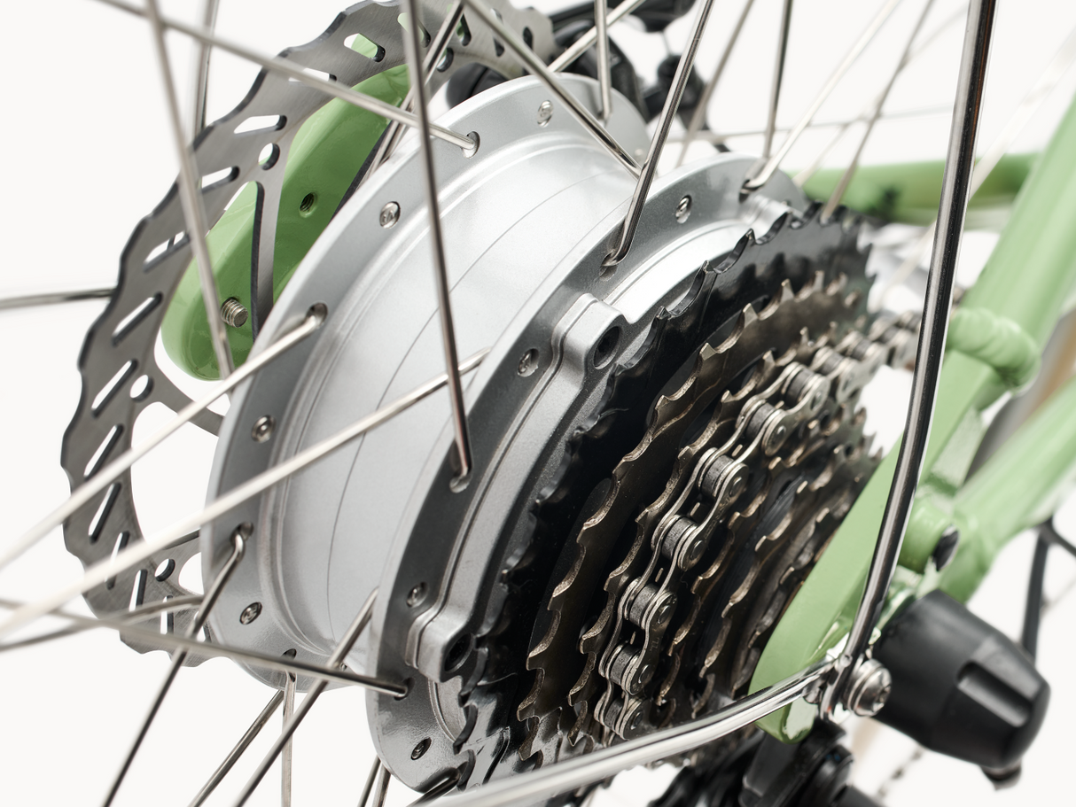 Close-up of a bicycle gear system with a chain and sprocket on a blurred background