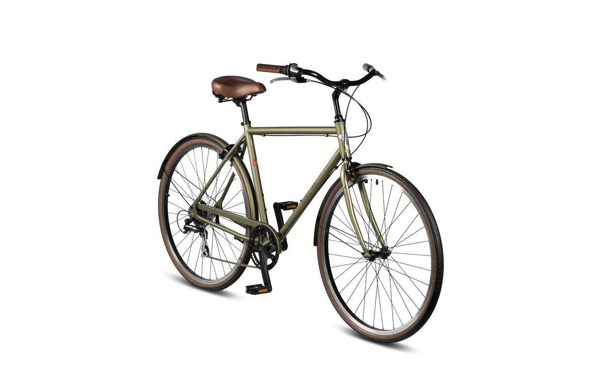 Green bicycle with brown seat on a white background