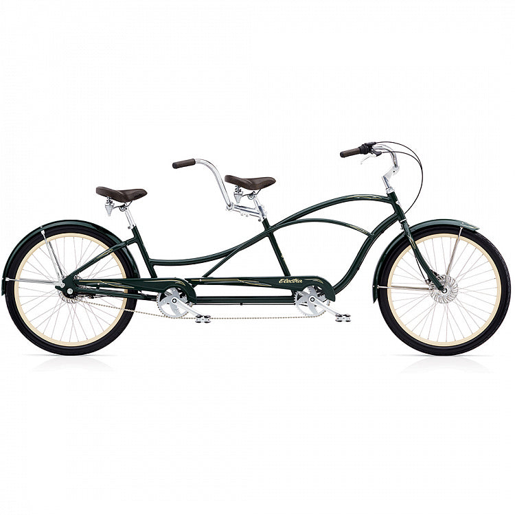 Dark green tandem bicycle on a white background