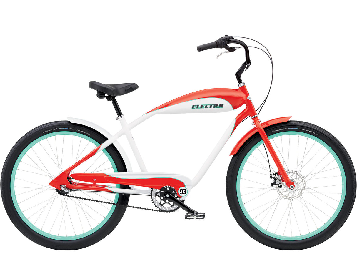 Red and white bicycle with black seat on a white background