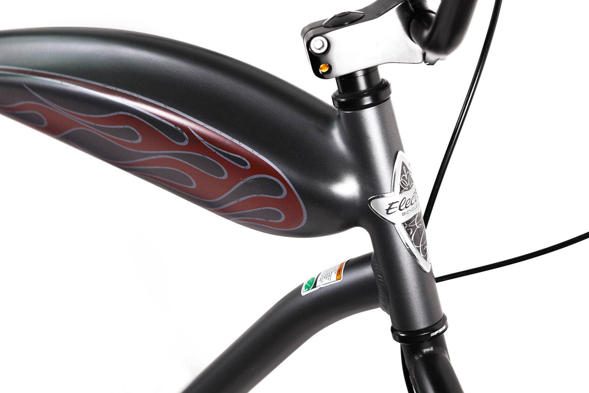 Close-up of a bicycle frame with flame design and brand logo on a white background