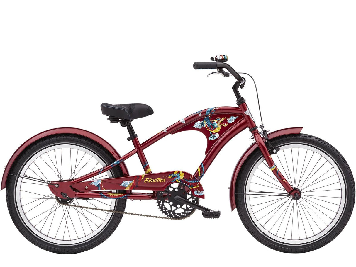 Red bicycle with colorful designs on a white background