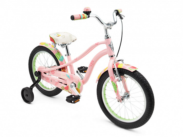 Pink children's bicycle with training wheels on a white background