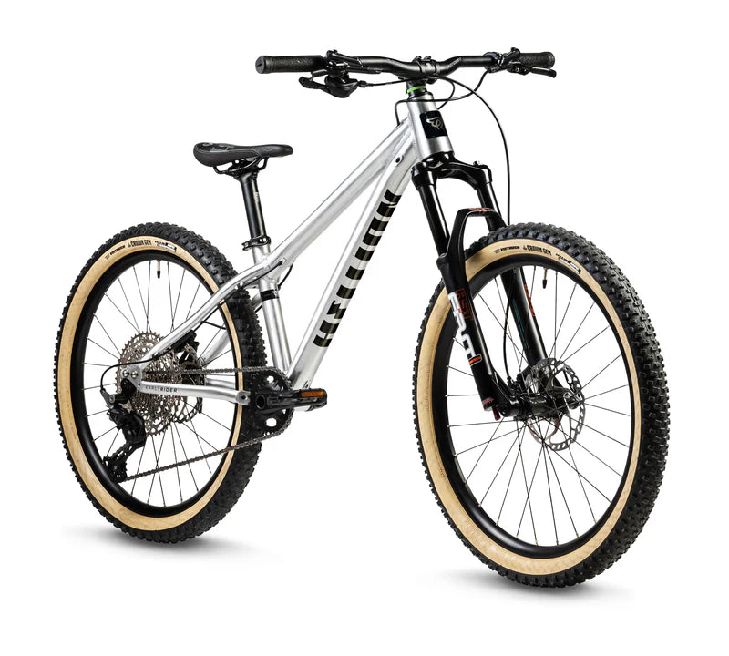 Silver mountain bike with black components on a white background