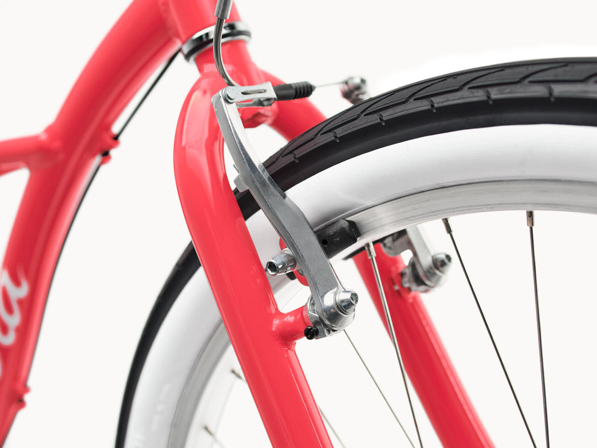 Close-up of a red bicycle with a black tire and silver chain guard on a white background