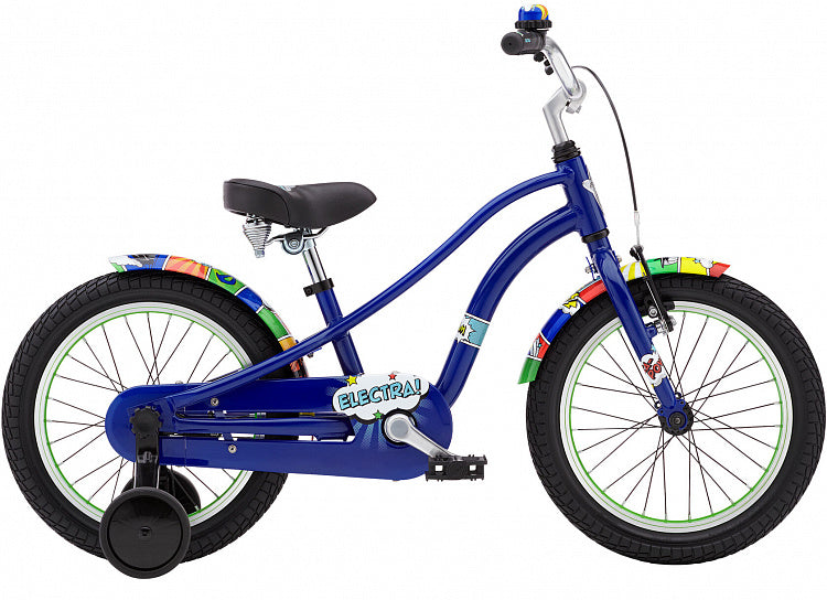 Blue children's bicycle with training wheels on a white background