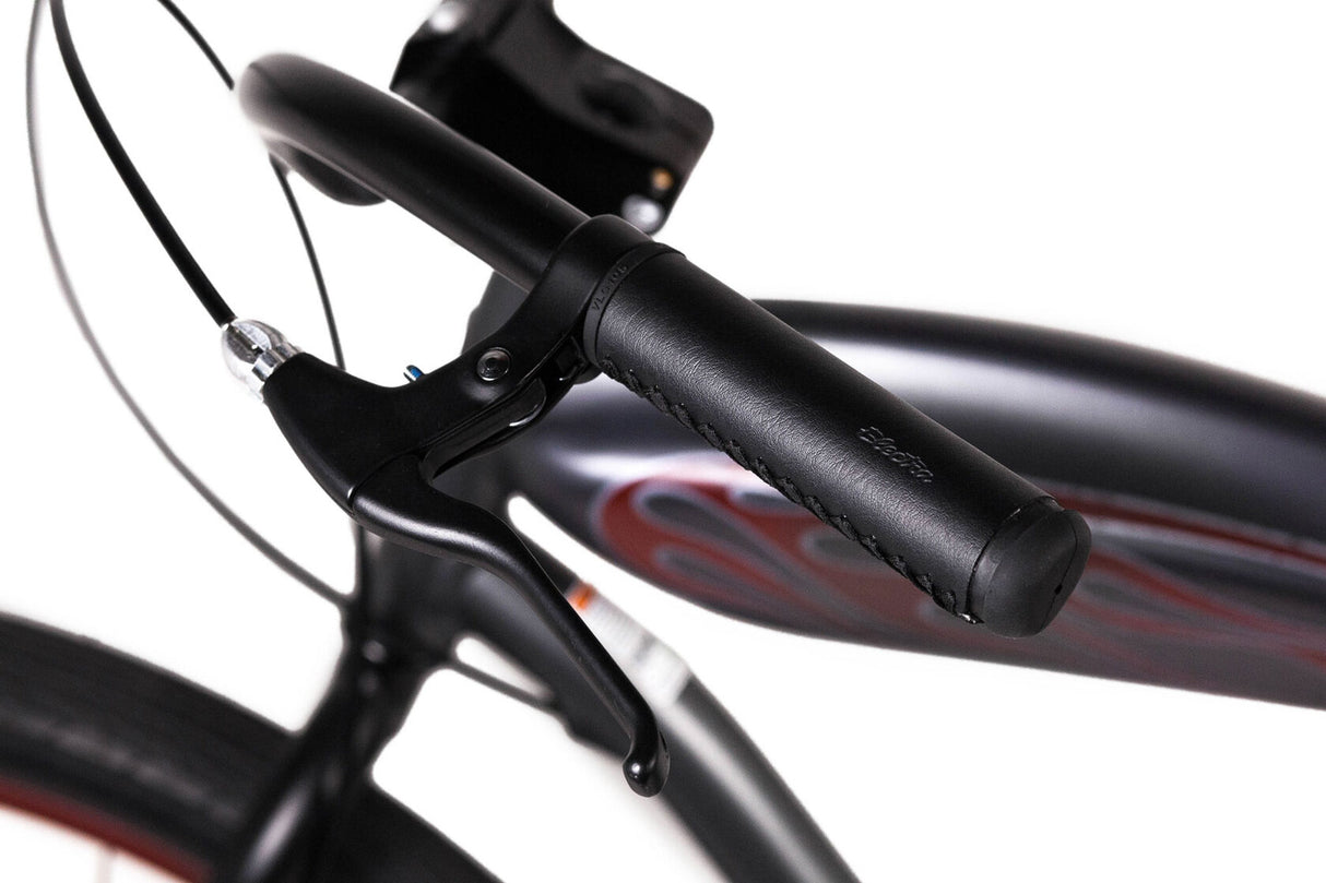 Close-up of a bicycle handlebar with a black brake lever on a white background
