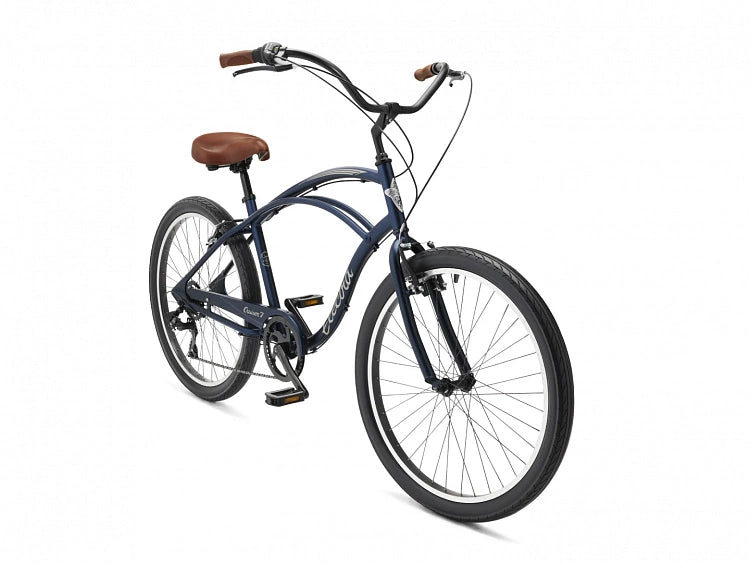 Blue bicycle with brown seat on a white background