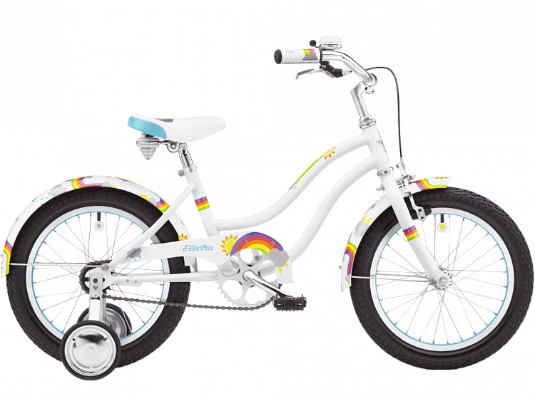 White children's bicycle with rainbow accents on a white background