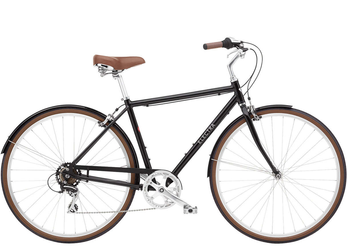 Black bicycle with brown seat and tires on a white background