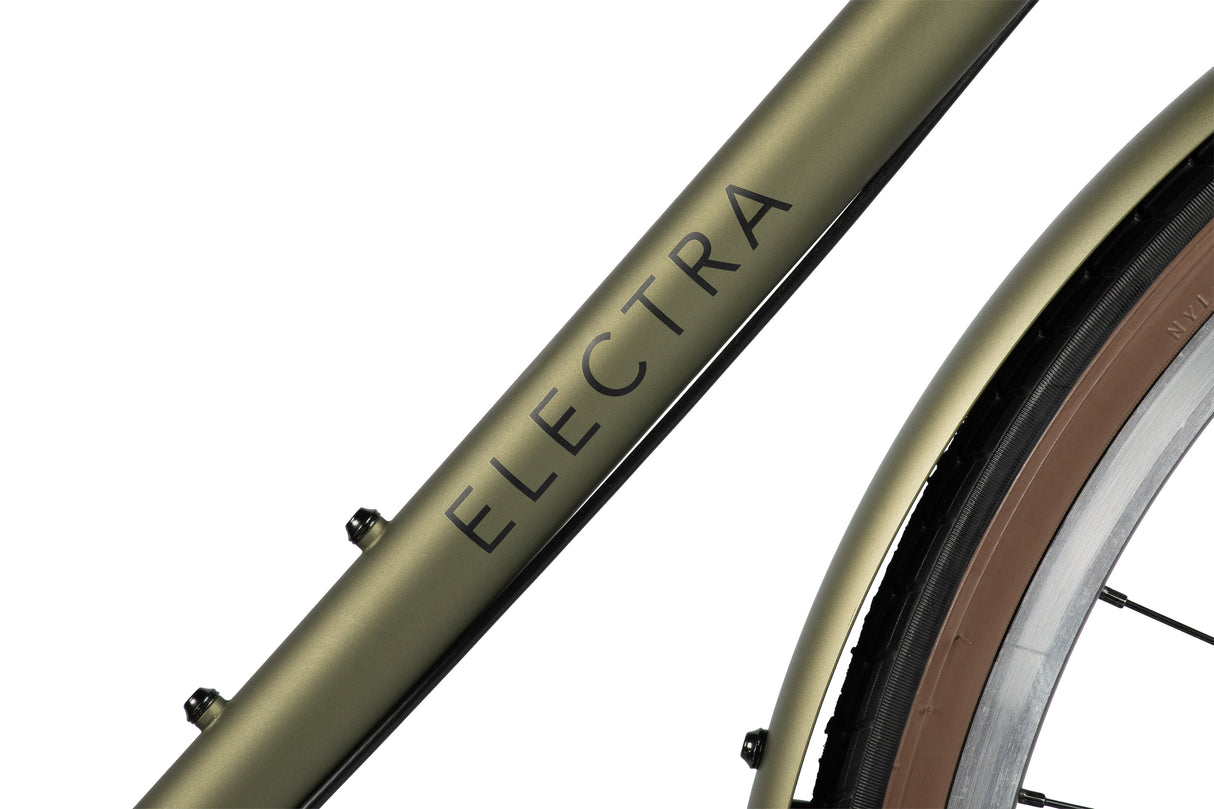 Close-up of a bicycle frame with 'Electra' branding on a white background