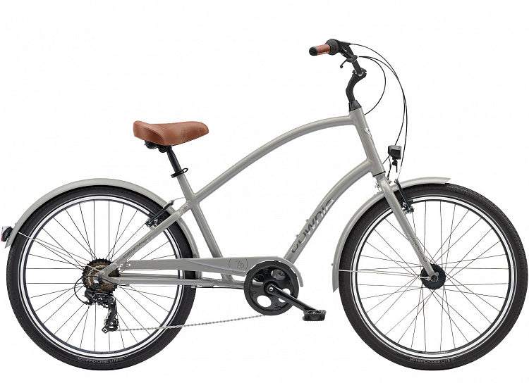 Gray bicycle with a brown seat on a white background