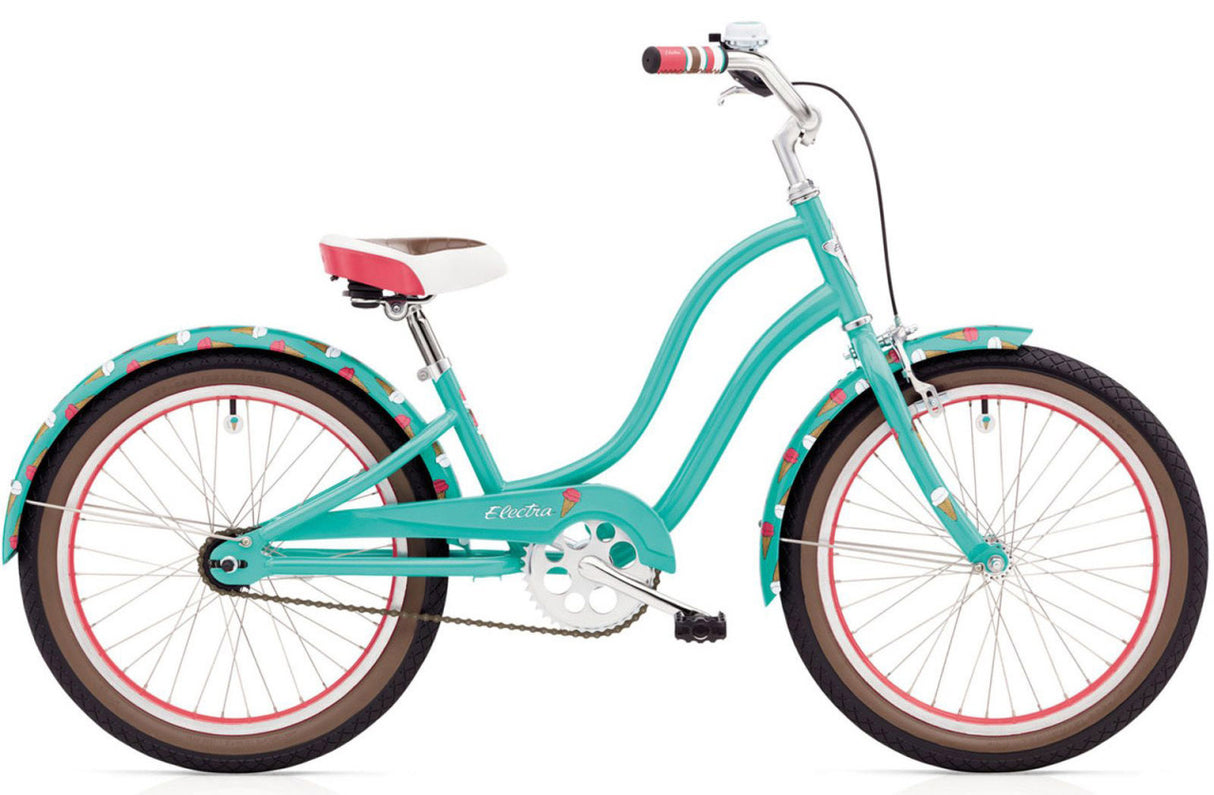 Teal children's bicycle with red accents on a white background